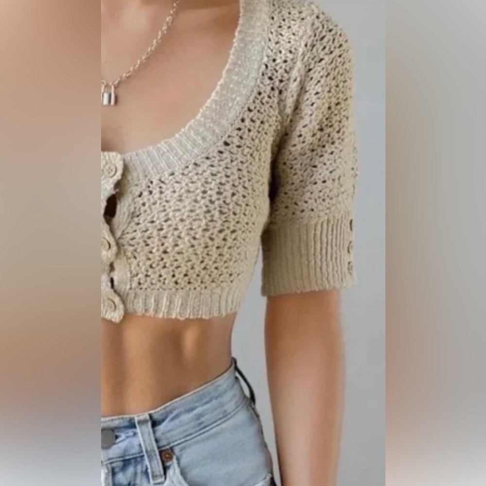 NEW Free People Crochet Knit Cropped Womens Button Down Sweater Cardigan Sz L - Picture 6 of 11